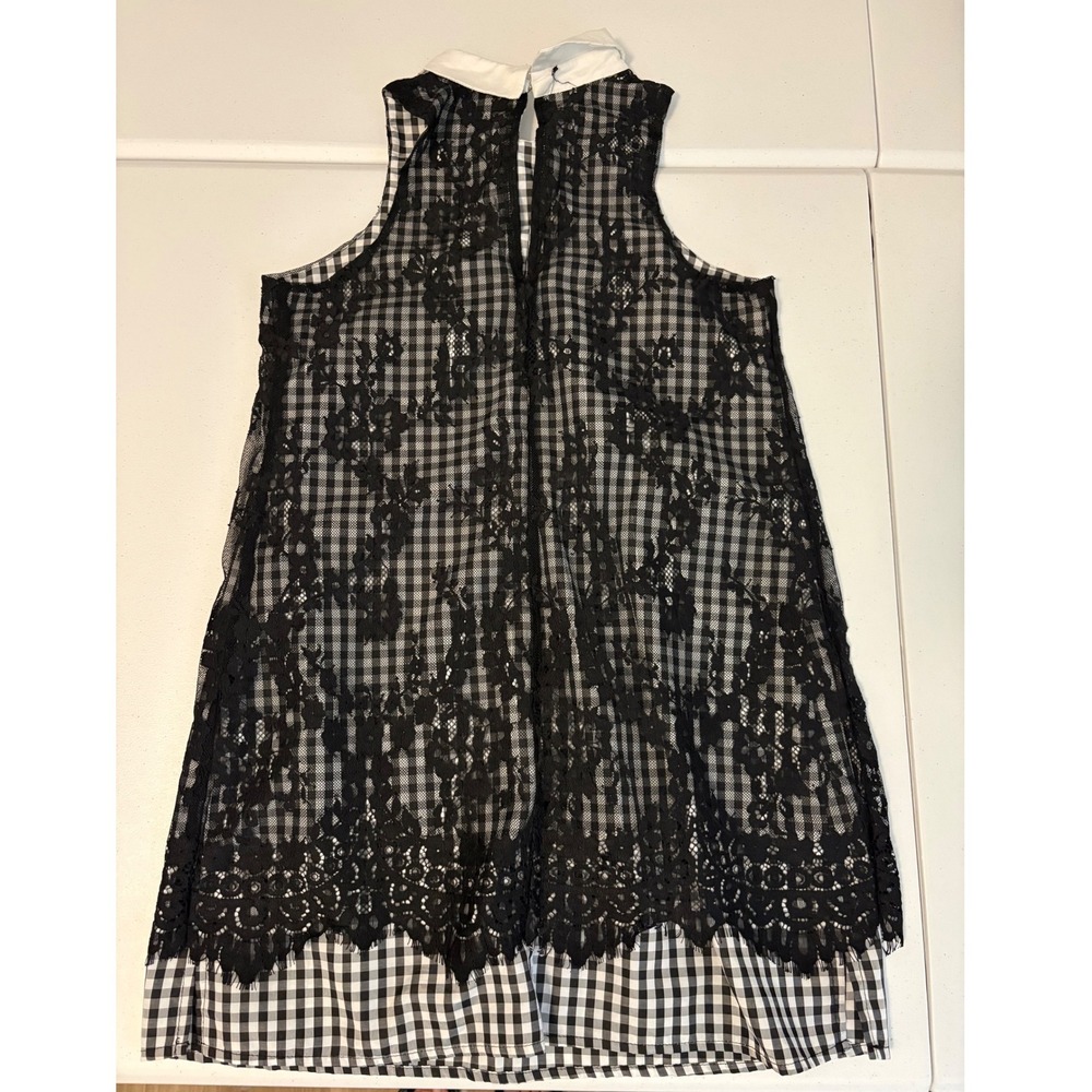GB Gingham Lace Overlay Dress Peter Pan Collar Black White Mini Shift M g5